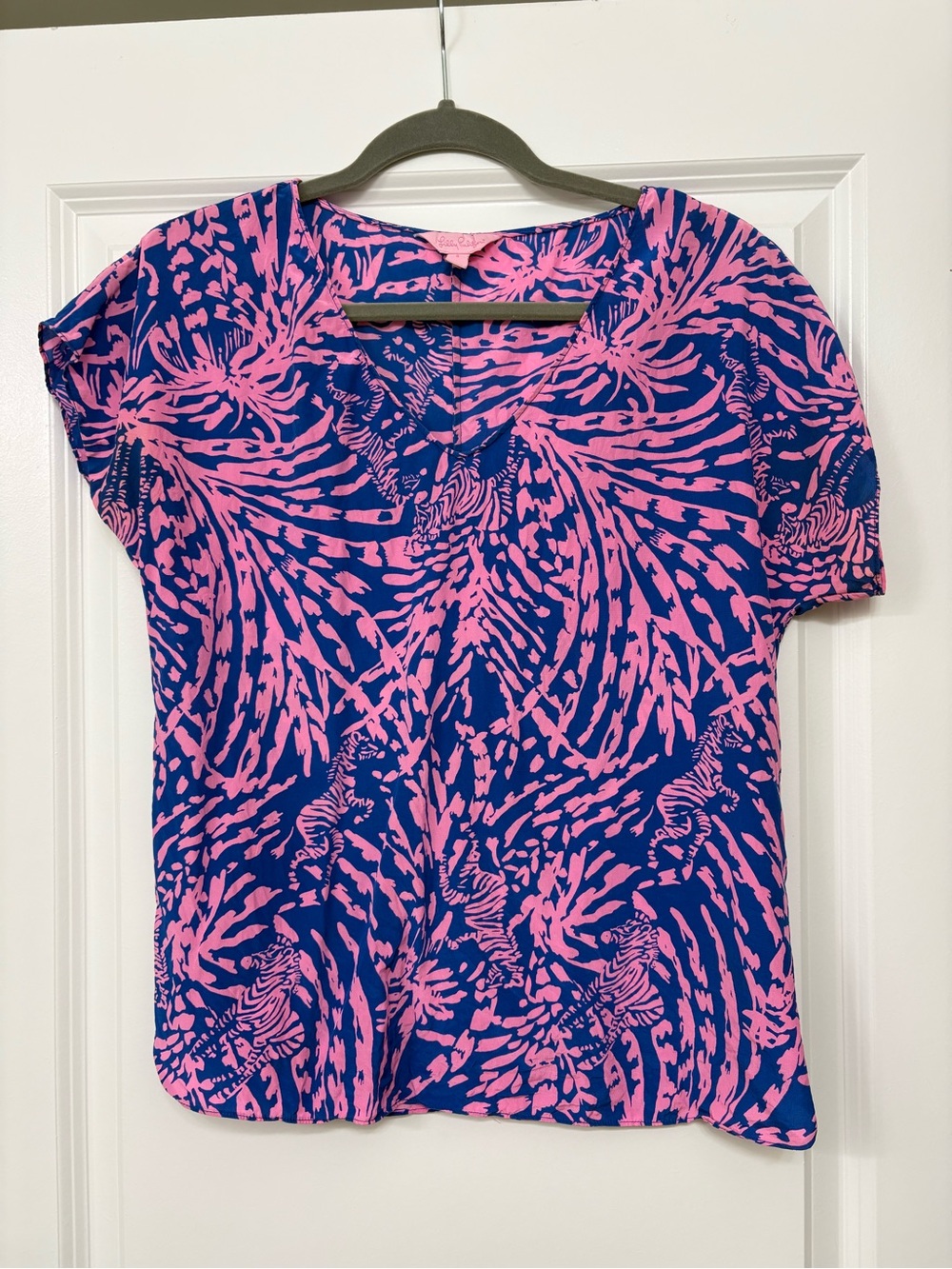 Lilly Pulitzer Pink & Blue Tropical Print Short Sleeve Top